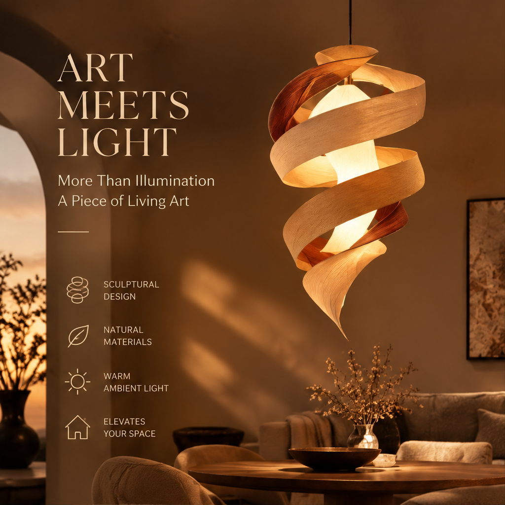 Spiral Wood Veneer Pendant Lamp – Sculptural Twist Ceiling Light