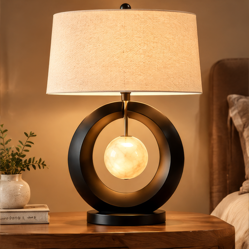 Modern Ring Table Lamp – Alabaster Glass Sphere with Fabric Shade