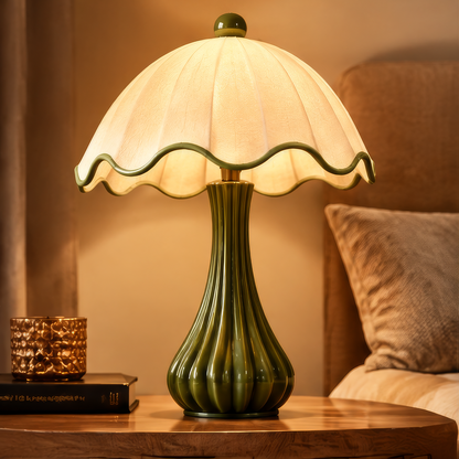 Vintage Ceramic Table Lamp – Green Scalloped Fabric Shade