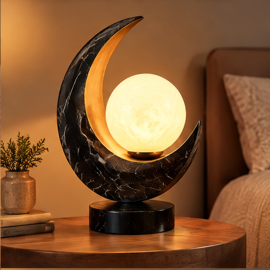 Crescent Moon Marble Table Lamp – Glowing Sphere Night Light