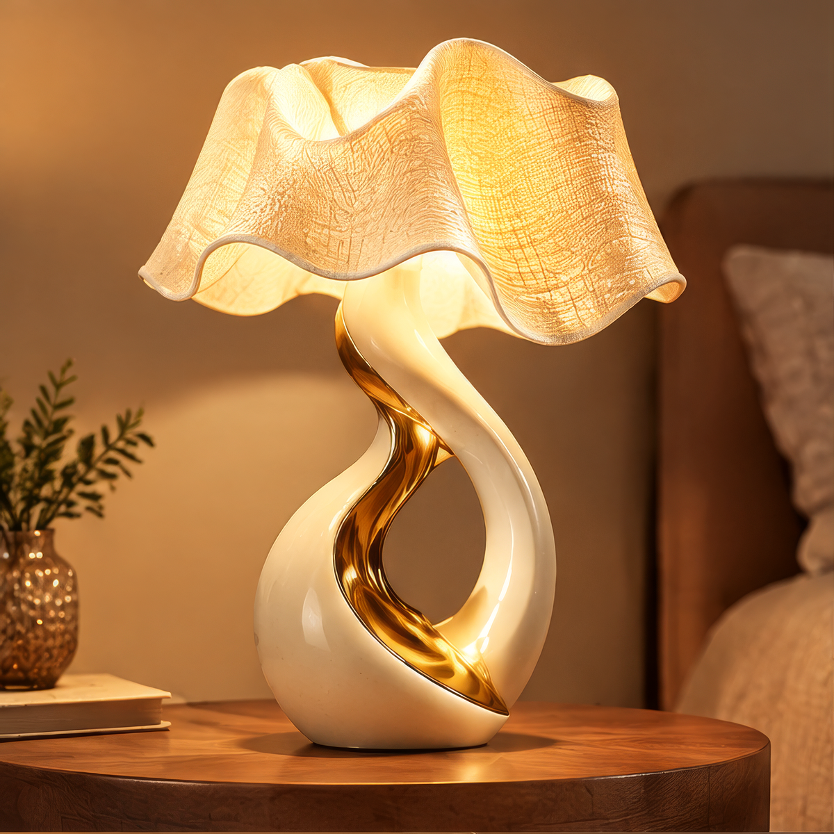 Sculptural Ceramic Table Lamp – Gold Twist Base with Ruffled Fabric Shade
