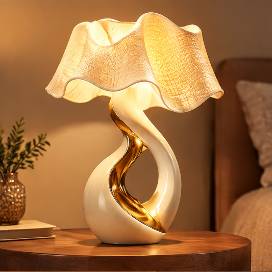 Sculptural Ceramic Table Lamp – Gold Twist Base with Ruffled Fabric Shade