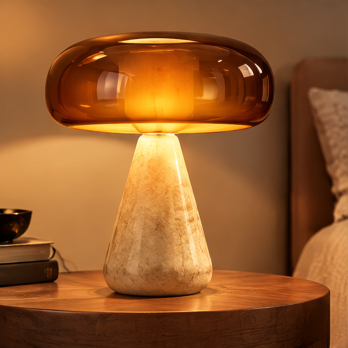 Mushroom Glass Table Lamp – Amber Glass Shade with Stone Base