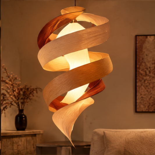 Spiral Wood Veneer Pendant Lamp – Sculptural Twist Ceiling Light