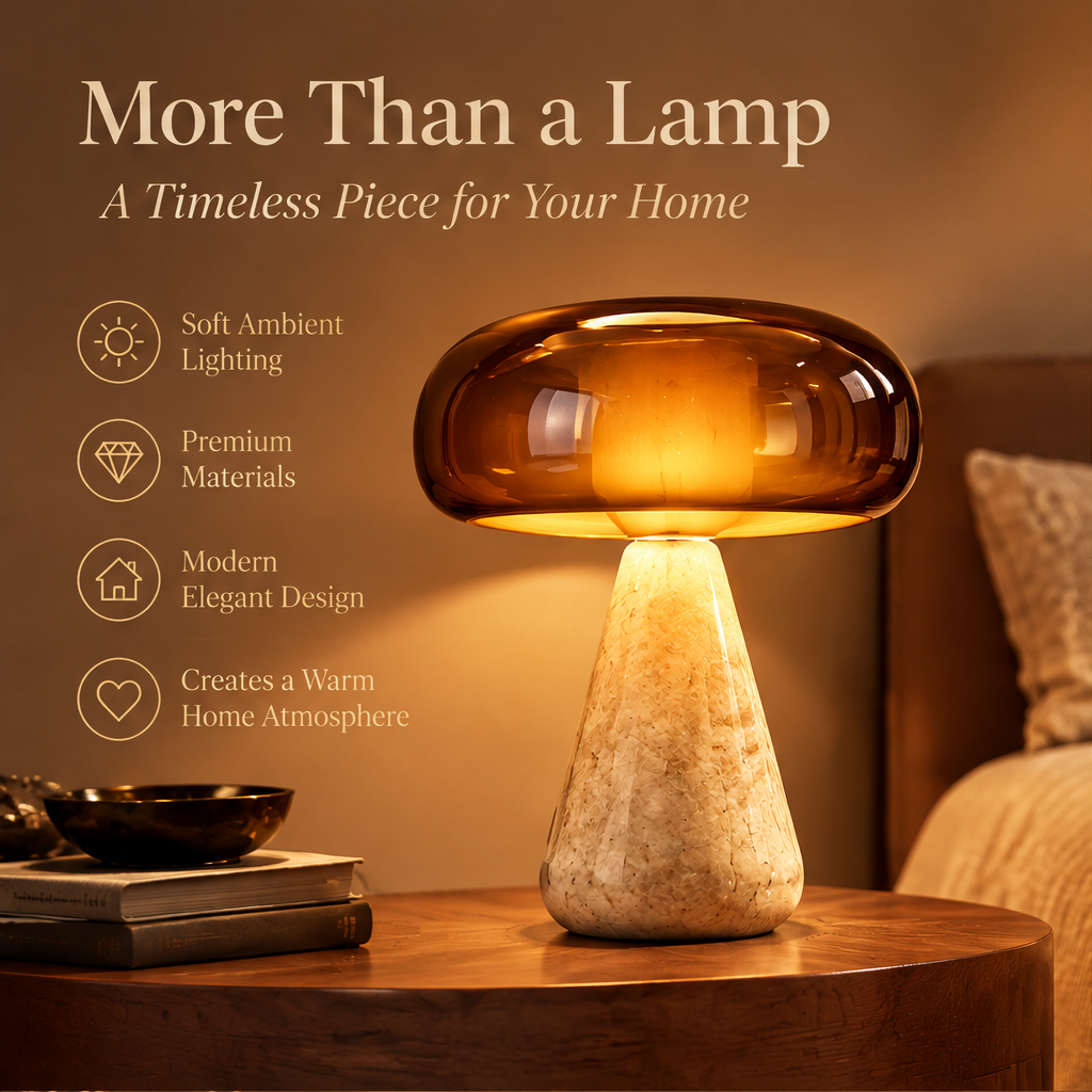 Mushroom Glass Table Lamp – Amber Glass Shade with Stone Base