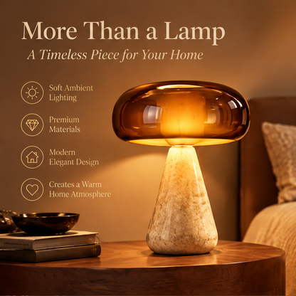 Mushroom Glass Table Lamp – Amber Glass Shade with Stone Base