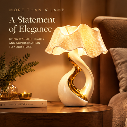 Sculptural Ceramic Table Lamp – Gold Twist Base with Ruffled Fabric Shade
