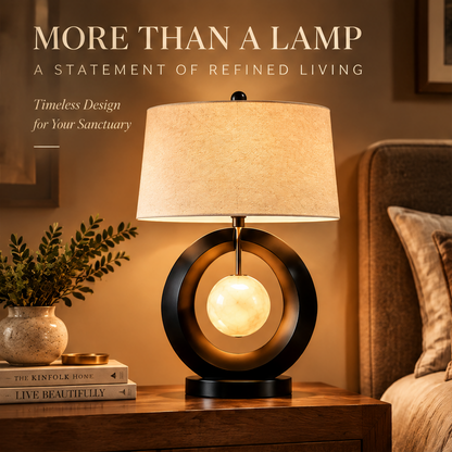 Modern Ring Table Lamp – Alabaster Glass Sphere with Fabric Shade