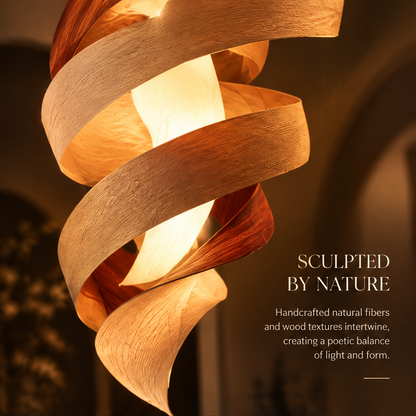 Spiral Wood Veneer Pendant Lamp – Sculptural Twist Ceiling Light