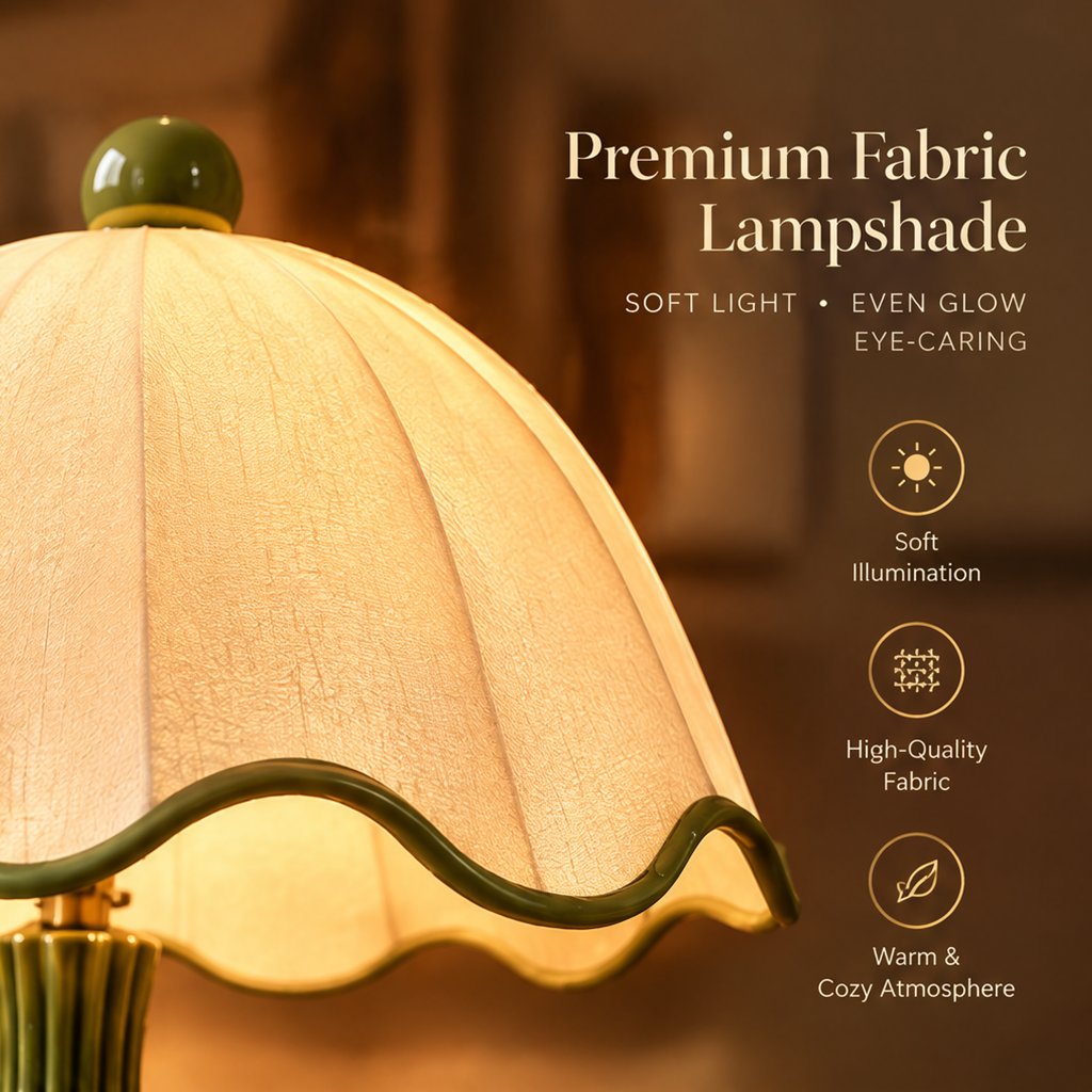 Vintage Ceramic Table Lamp – Green Scalloped Fabric Shade