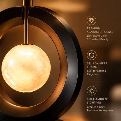 Modern Ring Table Lamp – Alabaster Glass Sphere with Fabric Shade