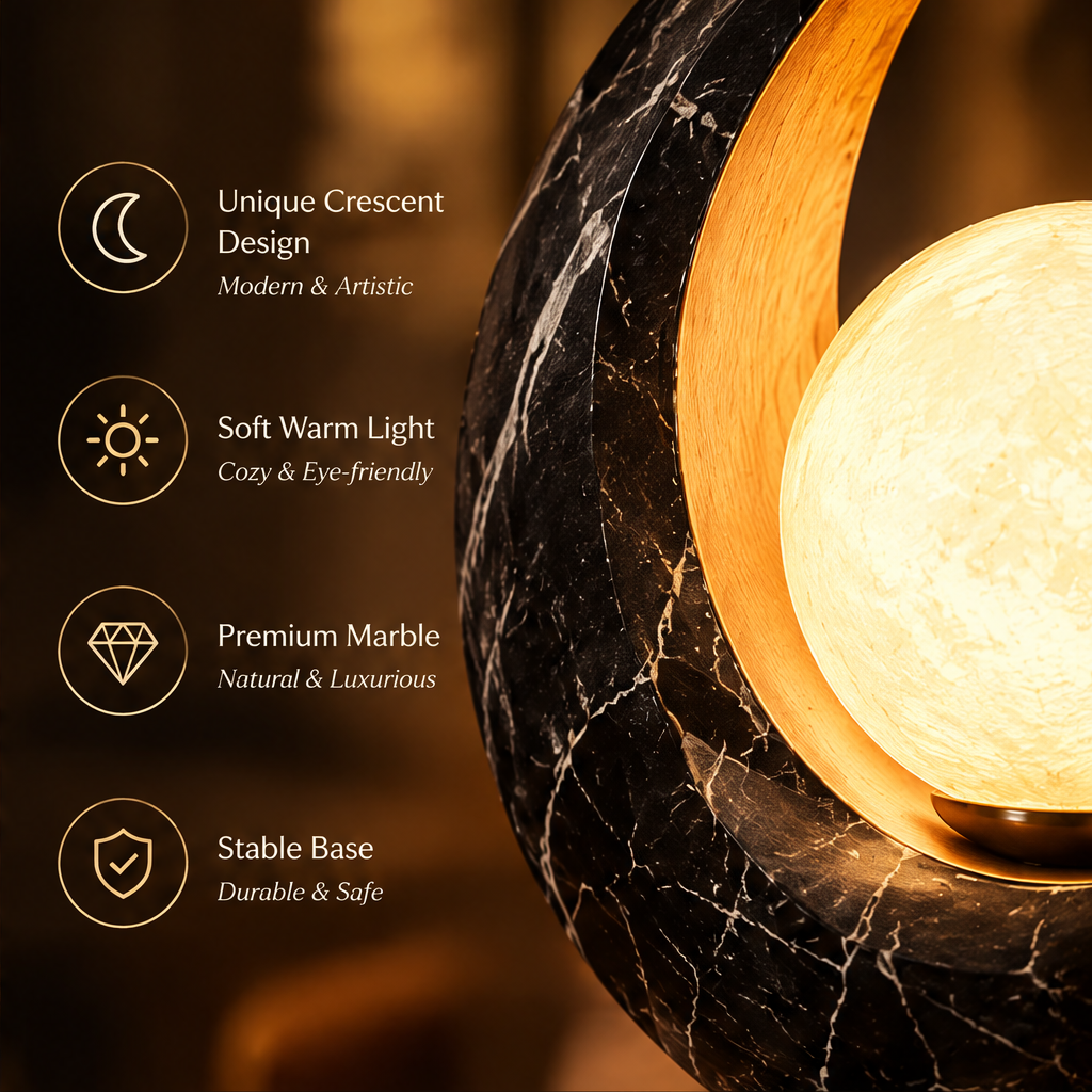 Crescent Moon Marble Table Lamp – Glowing Sphere Night Light