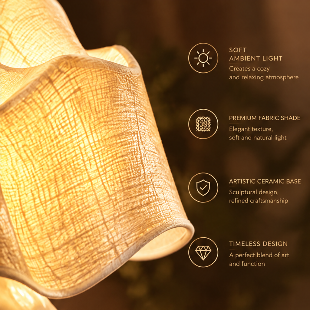 Sculptural Ceramic Table Lamp – Gold Twist Base with Ruffled Fabric Shade