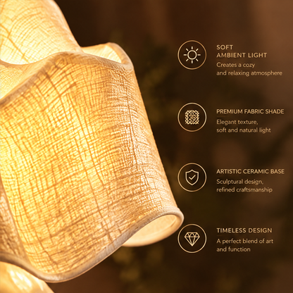 Sculptural Ceramic Table Lamp – Gold Twist Base with Ruffled Fabric Shade