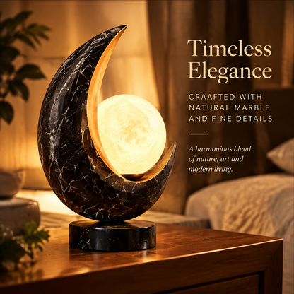Crescent Moon Marble Table Lamp – Glowing Sphere Night Light