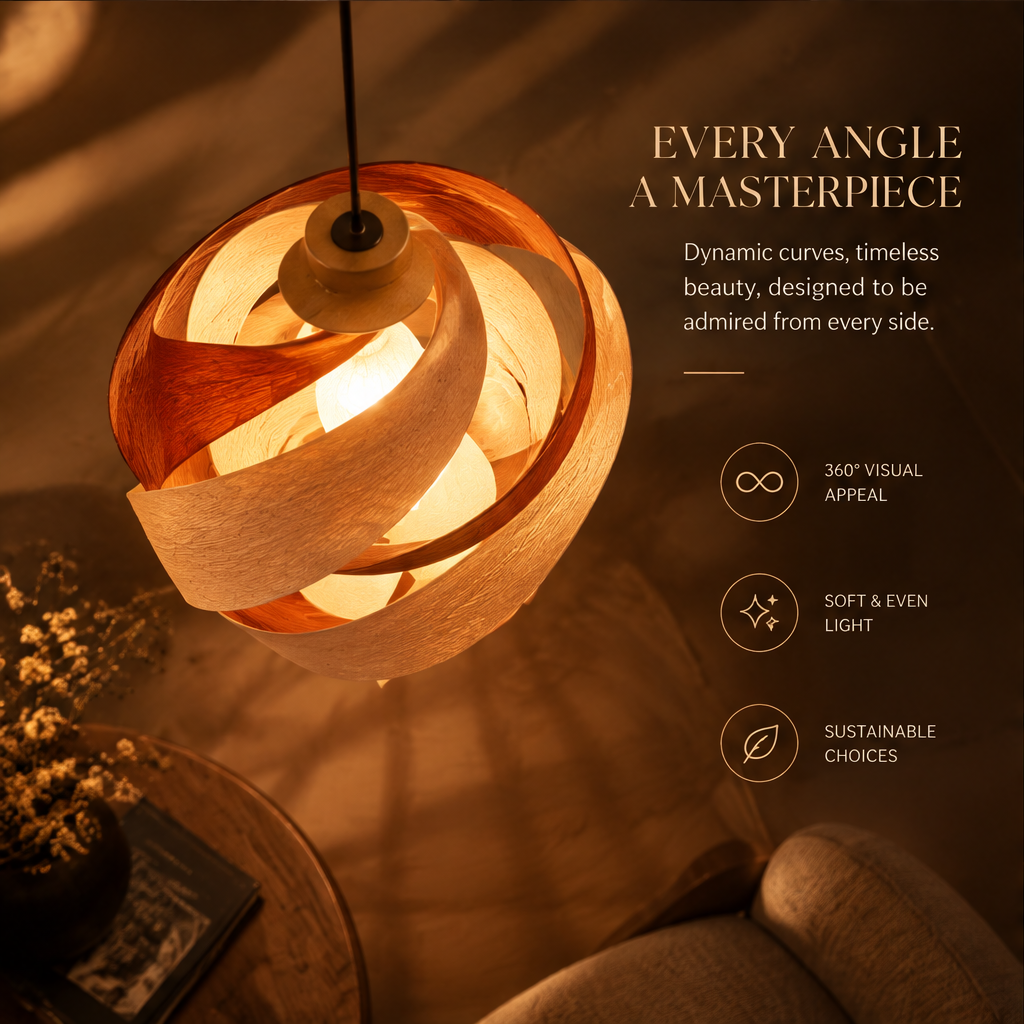 Spiral Wood Veneer Pendant Lamp – Sculptural Twist Ceiling Light