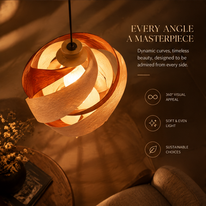 Spiral Wood Veneer Pendant Lamp – Sculptural Twist Ceiling Light