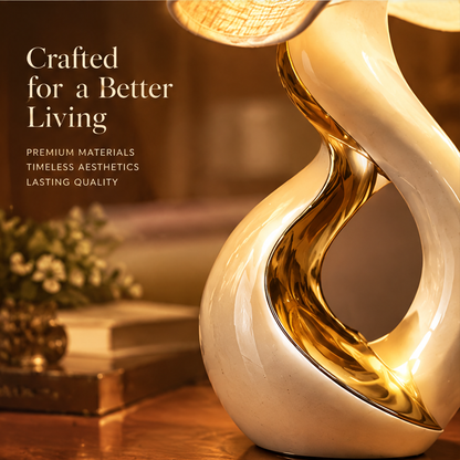 Sculptural Ceramic Table Lamp – Gold Twist Base with Ruffled Fabric Shade