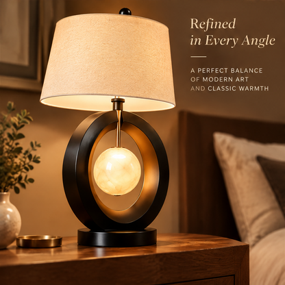 Modern Ring Table Lamp – Alabaster Glass Sphere with Fabric Shade