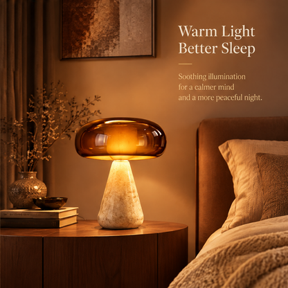 Mushroom Glass Table Lamp – Amber Glass Shade with Stone Base