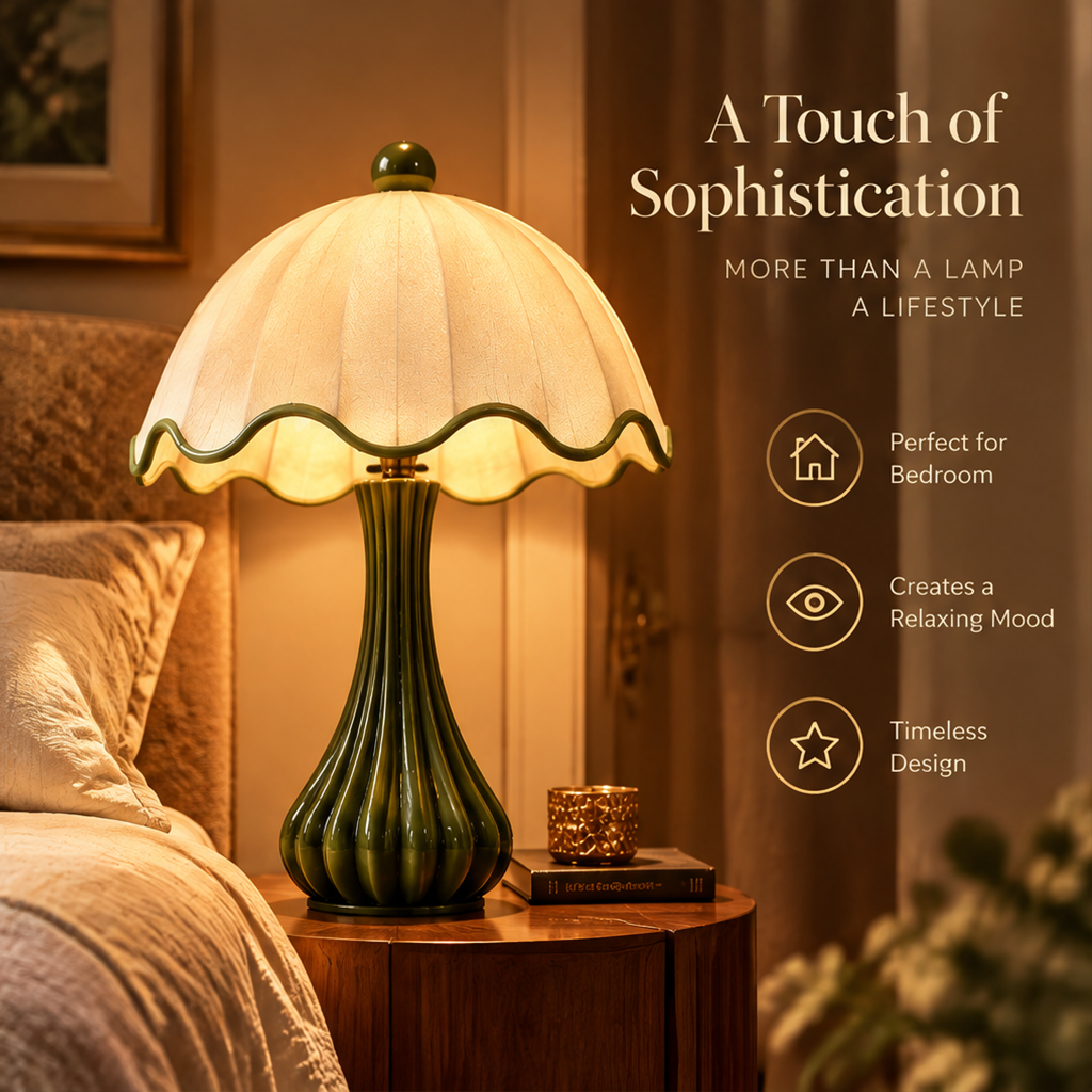 Vintage Ceramic Table Lamp – Green Scalloped Fabric Shade