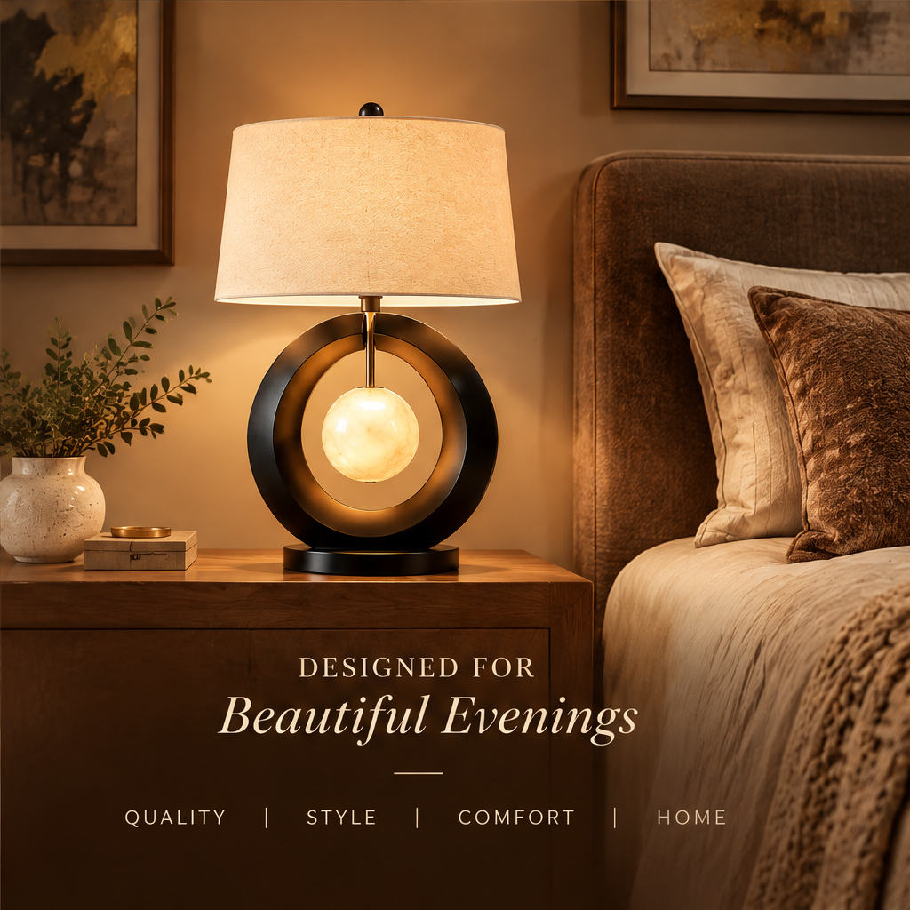 Modern Ring Table Lamp – Alabaster Glass Sphere with Fabric Shade