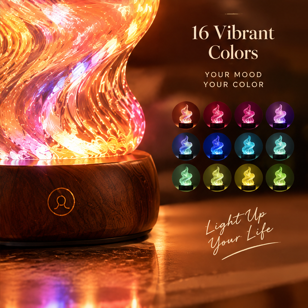 3D Flame Wave Glass Lamp – 16-Color Touch Control Night Light