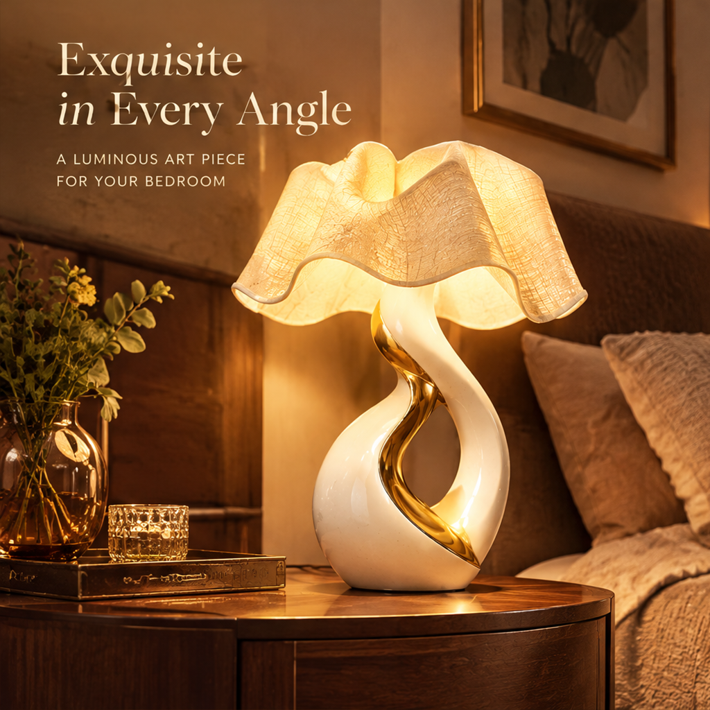 Sculptural Ceramic Table Lamp – Gold Twist Base with Ruffled Fabric Shade